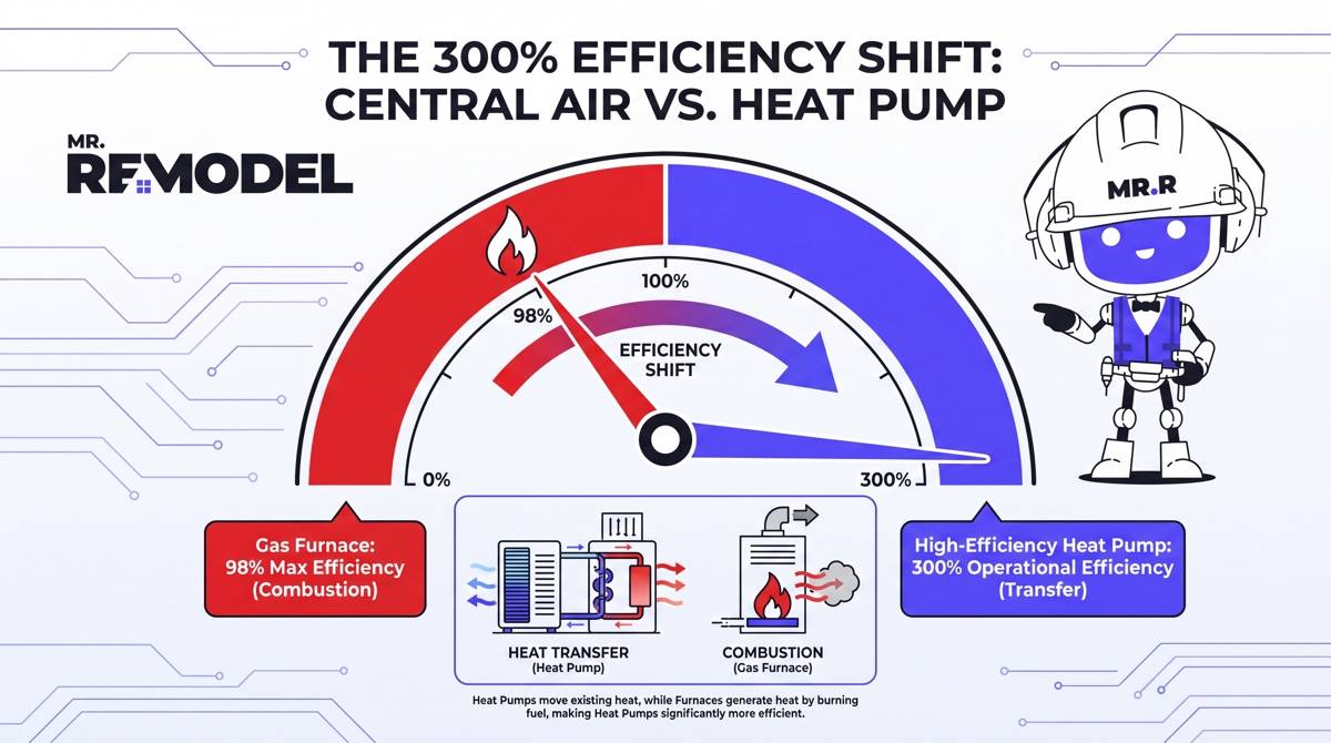 A striking infographic contrasting the core mechanical difference. It features a large speedometer-style gauge. One red needle is capped at "Gas Furnace: 98% Max." A second, dynamic blue needle sweeps past the 100% mark and points to "High-Efficiency Heat Pump: 300% Operational Efficiency," including a small diagram showing heat transfer (ambient to interior) rather than combustion.